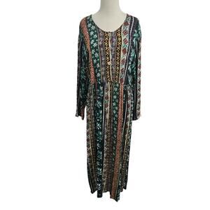 Vintage Timbuktu Station Print Dress Long Sleeve Fit Flare Retro Boho Rayon READ